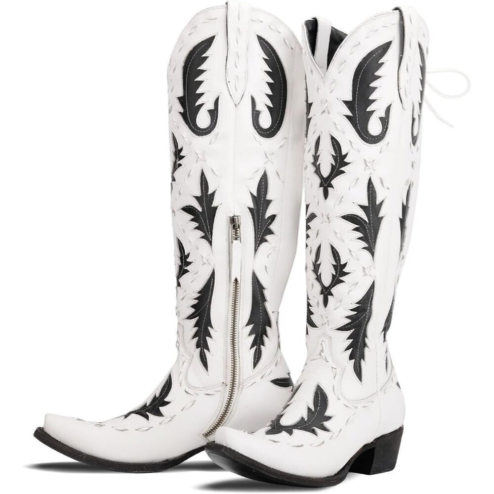 Women's White Pointed Toe Side Zipper Cowgirl Back Lace Up Chunky Heel Boots